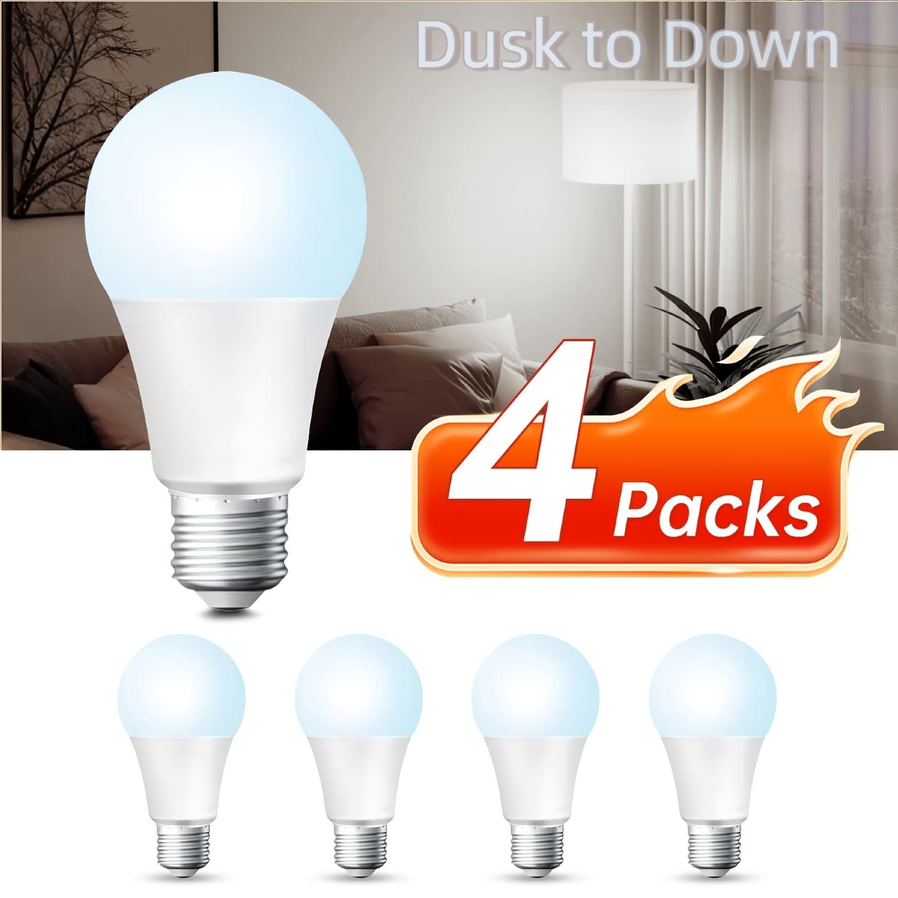 TEMU 6/4 Pack Automatic Dusk To Dawn Led Bulbs 60w Equivalent (9w A19), 800lm, 5000k Daylight & 2700k Soft White, Photocell Sensor For Lighting In Kitchen, Living Room, Bedroom