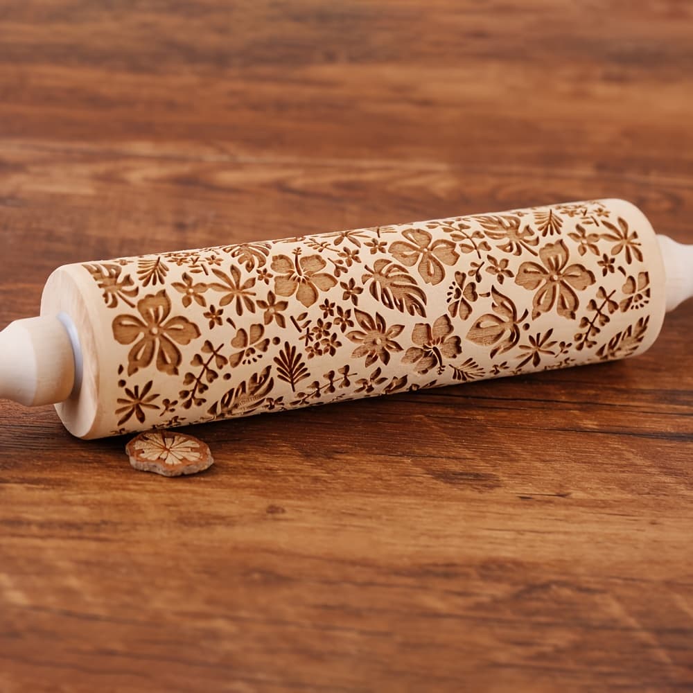 TEMU 1pc, Flowers Leaves Rolling Pin, Wooden Embossing Dough Roller, For Pizza, Pie, Cookie, Dumplings, Noodles, And More, Kitchen Utensils, Kitchen Gadgets, Kitchen Accessories, Inch