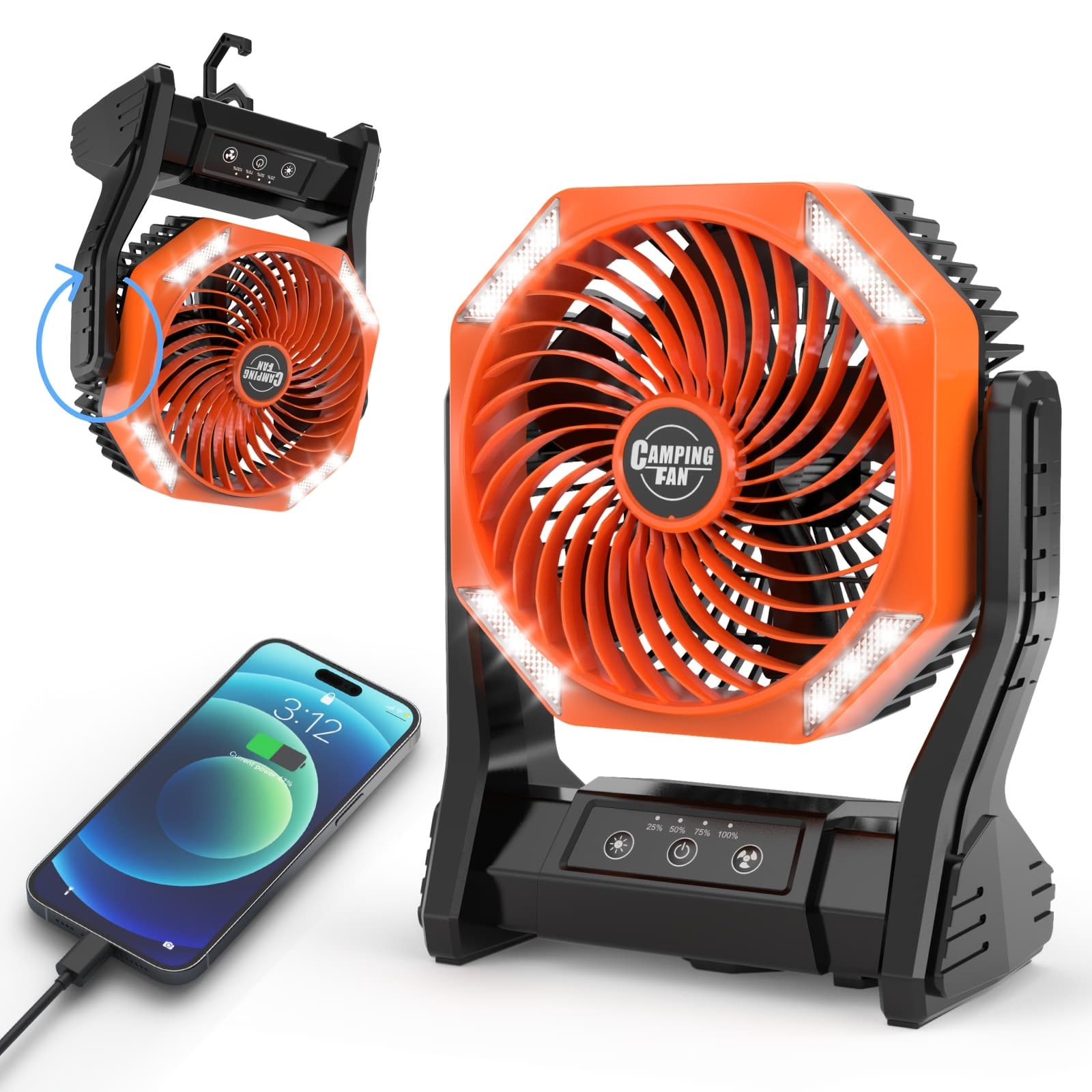 TEMU 20000mah Camping Fan With Led Light, 4-speed Brushless Motor, 180 Degree , 22-26h Long , Portable Outdoor Desk Usb Fan For Camping Hiking Picnic Emergency