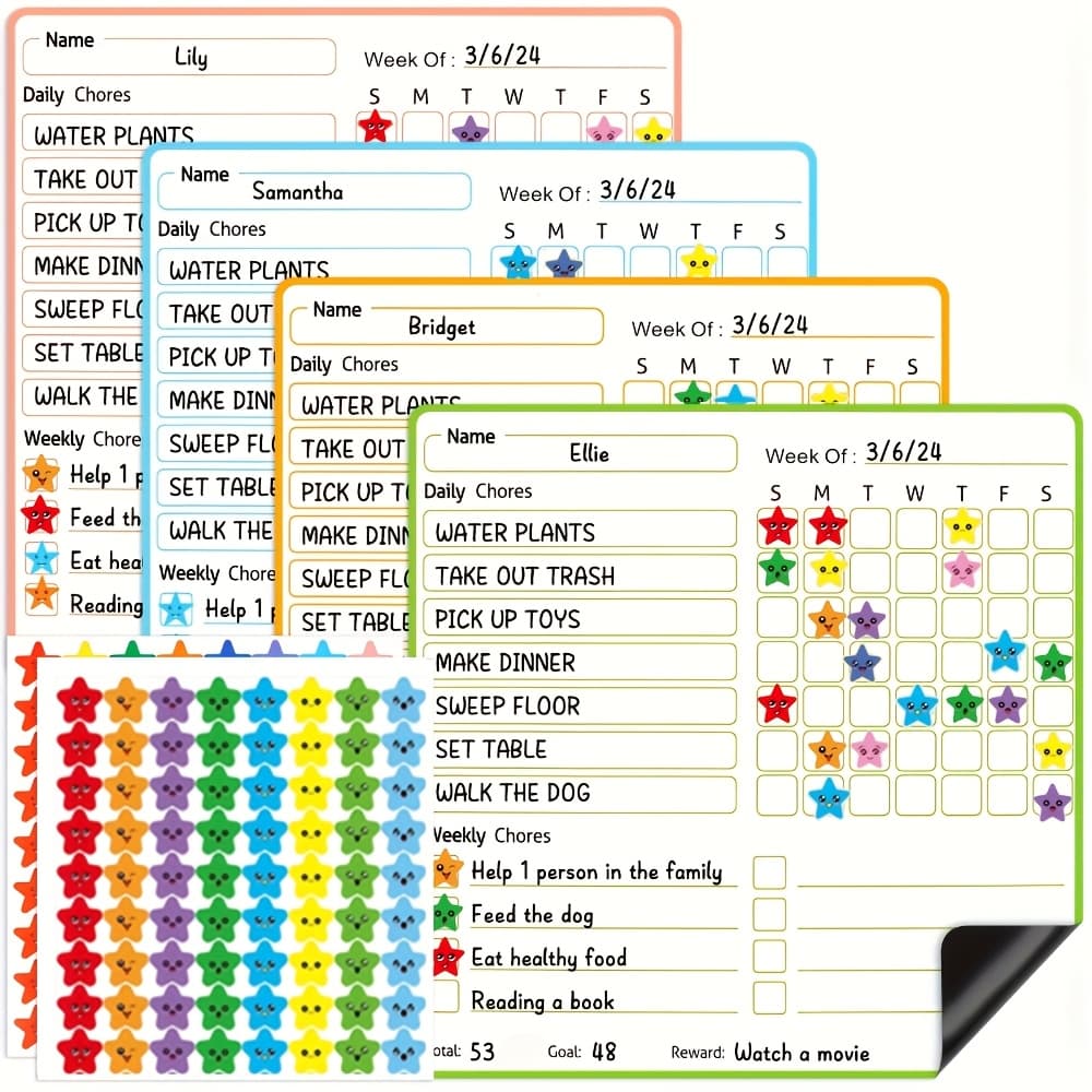 TEMU 4pcs Magnetic Dry Erase Chore Charts With 2 Sheets Star Stickers, Refrigerator Magnetic Chore