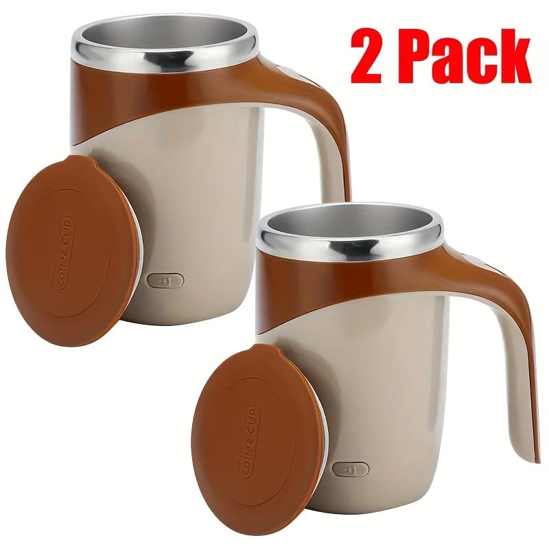 TEMU 2pcs Portable Self - Stirring Coffee Cup With A Handle - Reusable, Battery - Powered Magnetic Stirring Cup Suitable For Home, Office, And Travel