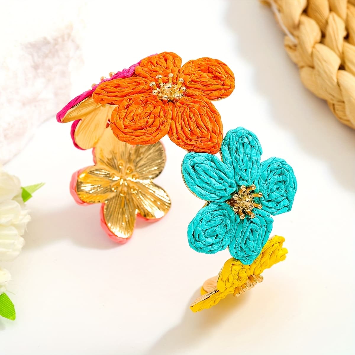 TEMU Bohemian Handcrafted Colorful Raffia Flower Bracelets, Elegant Five-petal Flower Open Bangles, And Vacation Wear