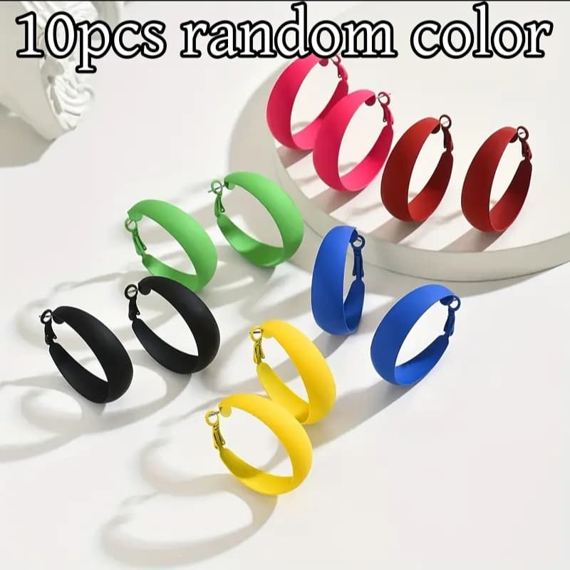 TEMU 10pcs/5pairs Random Color Retro Fashion Exaggerated Large Earrings Set Colorful Large And Small Circles Trendy Earrings For Women Party