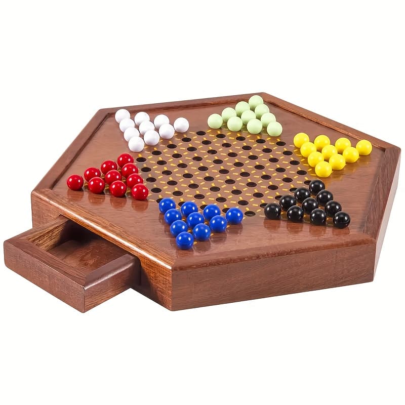 TEMU 1pc Deluxe Wooden Chinese - 12.5" Hexagonal Board With Storage Drawer, 60 Acrylic Marbles & 12 Spare, Classic Family Strategy Game For Home