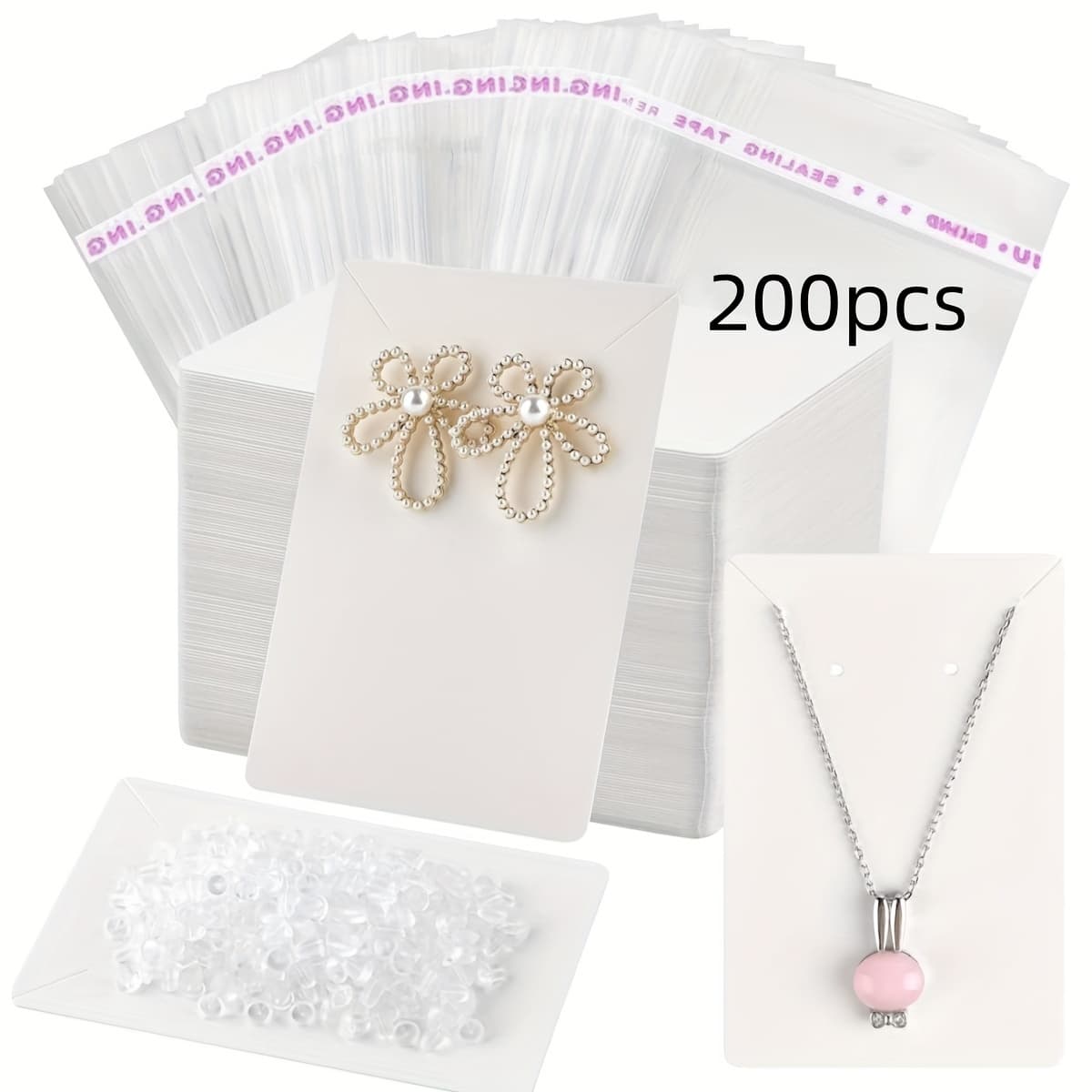 TEMU 200pcs Earring Card Kit, Including 50pcs Earring Display Cards Earring Holder Cards, 50pcs Self Sealing Bags And 100pcs Earring Backs For Earring Necklace Jewelry Display (50+50)