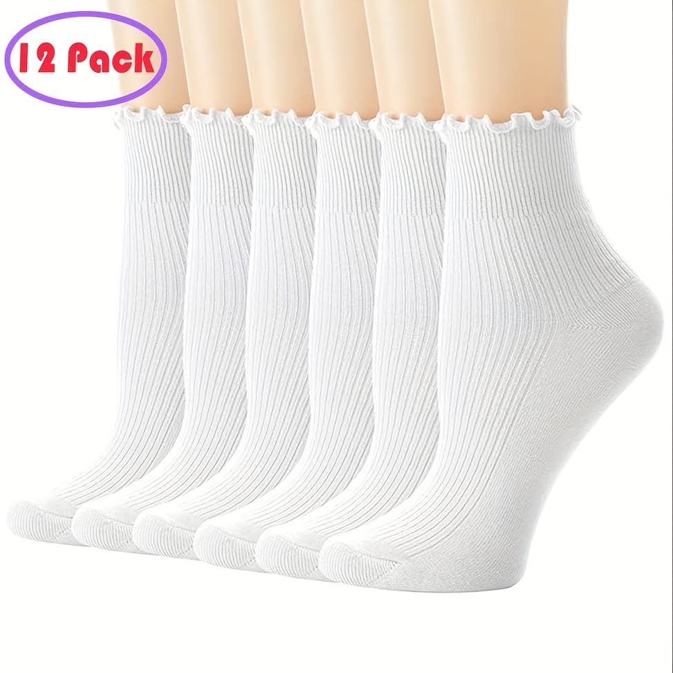 TEMU 12 Pairs Womens Ruffle Socks Cute Frilly Ankle Socks Breathable Warm Soft Dress Crew Socks For Casual Sneakers/ankle Boots/loafers.