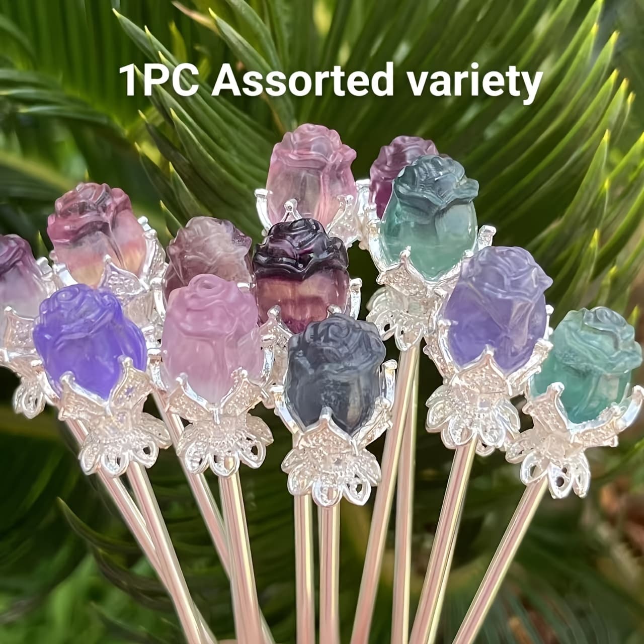 TEMU Elegant Vintage Fluorite Rose Hairpin - Crystal Floral Carving, Unique Gift Jewelry