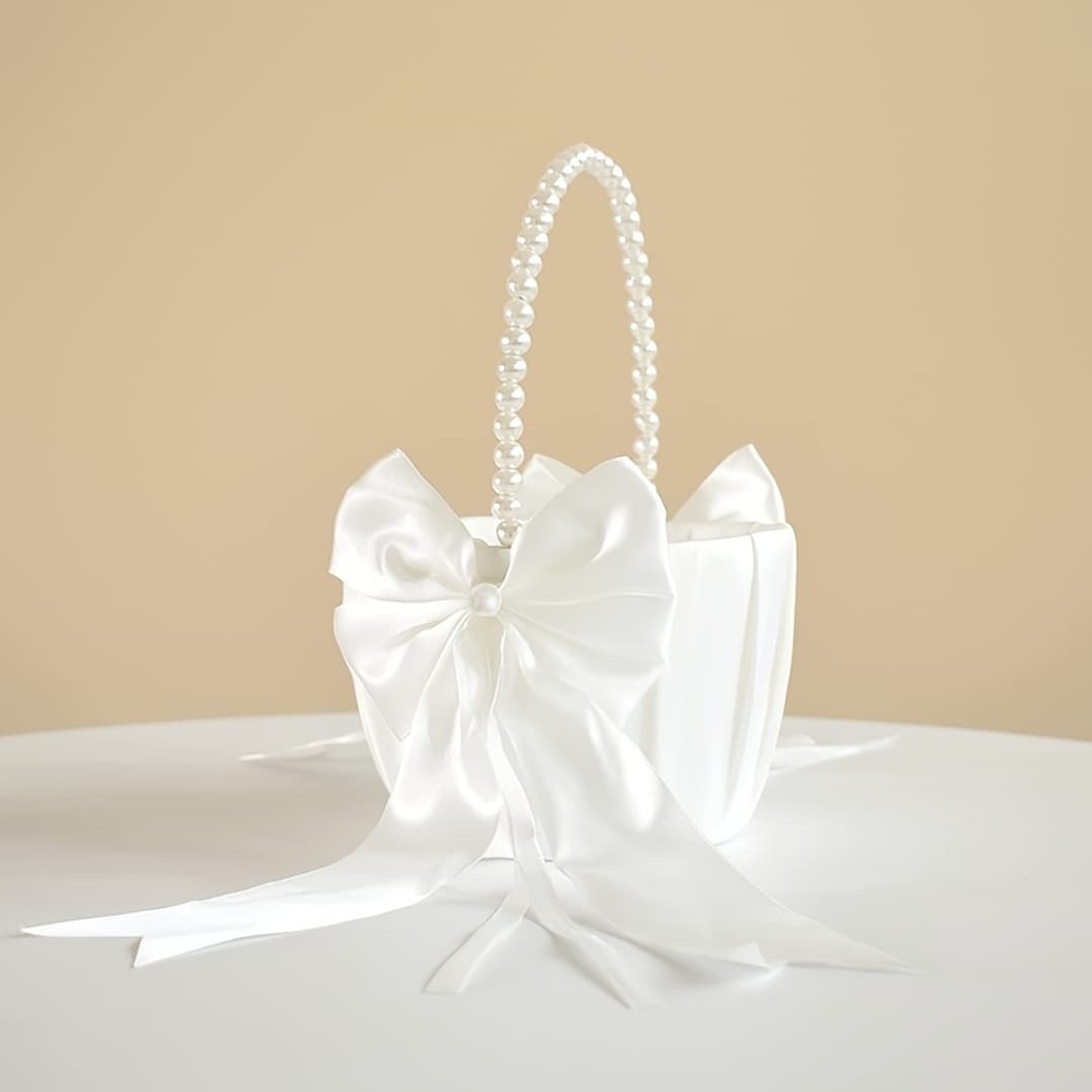 TEMU Wedding Basket With Cute Pearl Handle Bowknot Satin Flower Baskets For Wedding Ceremony - White