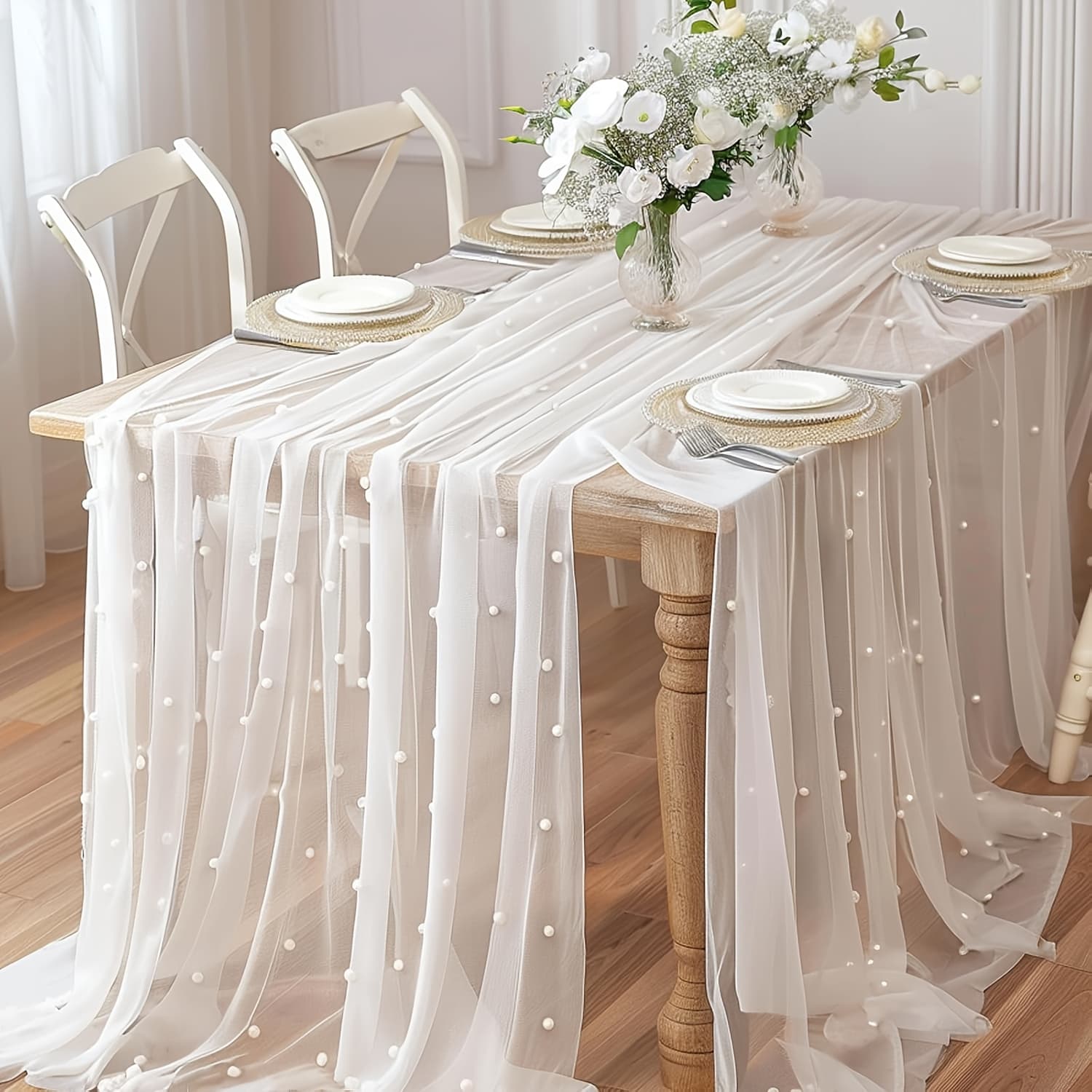 TEMU Pearl Tulle Table Runner, Satin Chiffon Tulle, And Pearl Lace Sheer Tablecloth For Wedding Arches, Bridal Showers, And Dessert Table Decor, Suitable For Table Covering