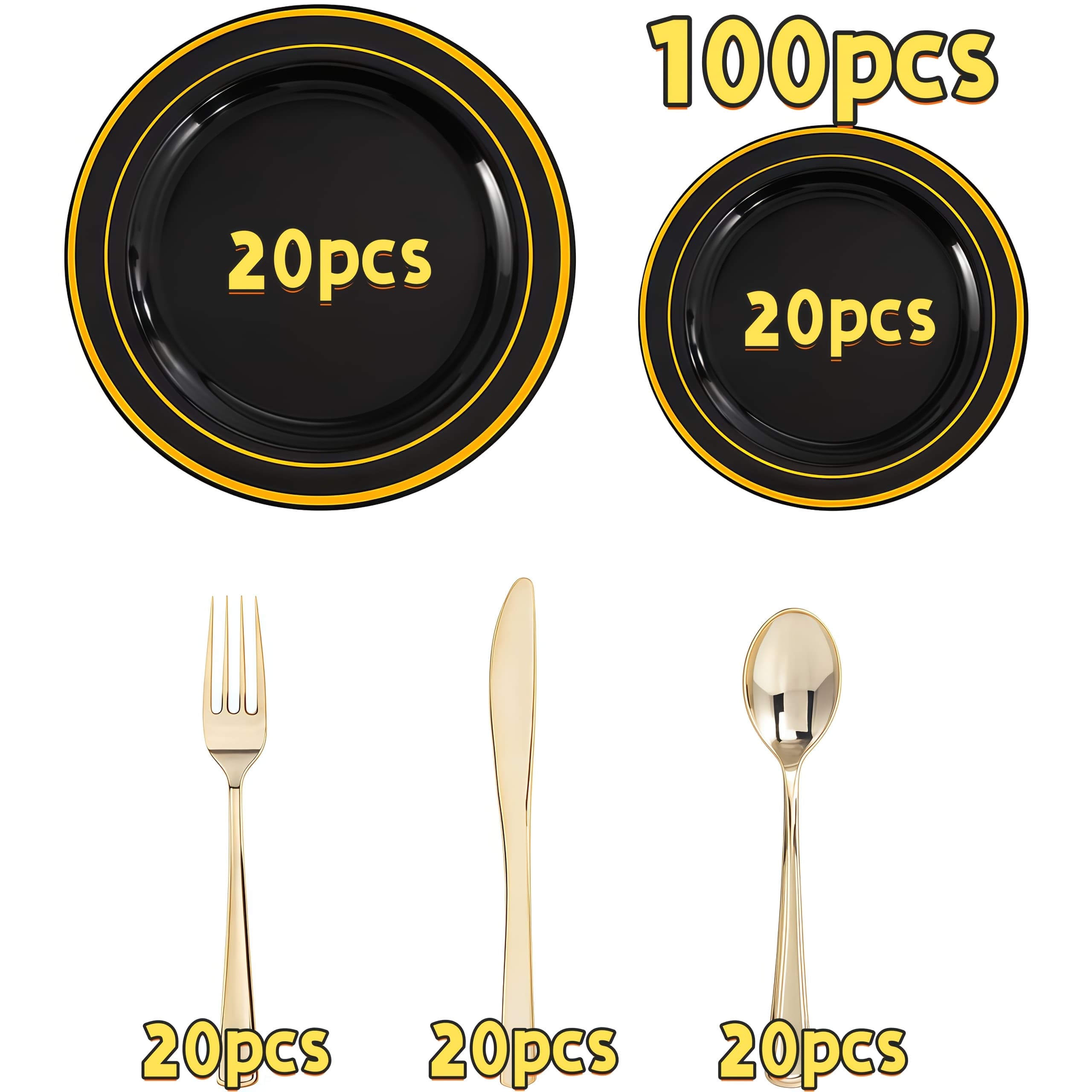 TEMU 100pcs Black Tableware Set With Golden Edges, High-quality Heavy-duty Plates And Tableware That Are Easy To Clean