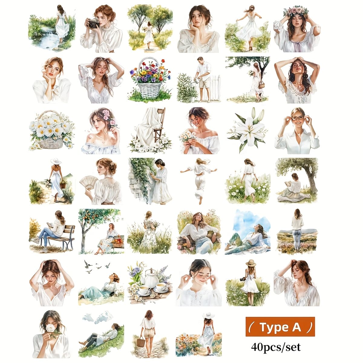 TEMU 40pcs/set Handmade Creative Retro Nature Flowers Dress Camping Reading Swing Series Stickers Suitable For Garbage Diary Notebook Decoration Manual Account Cutting Book Stickers
