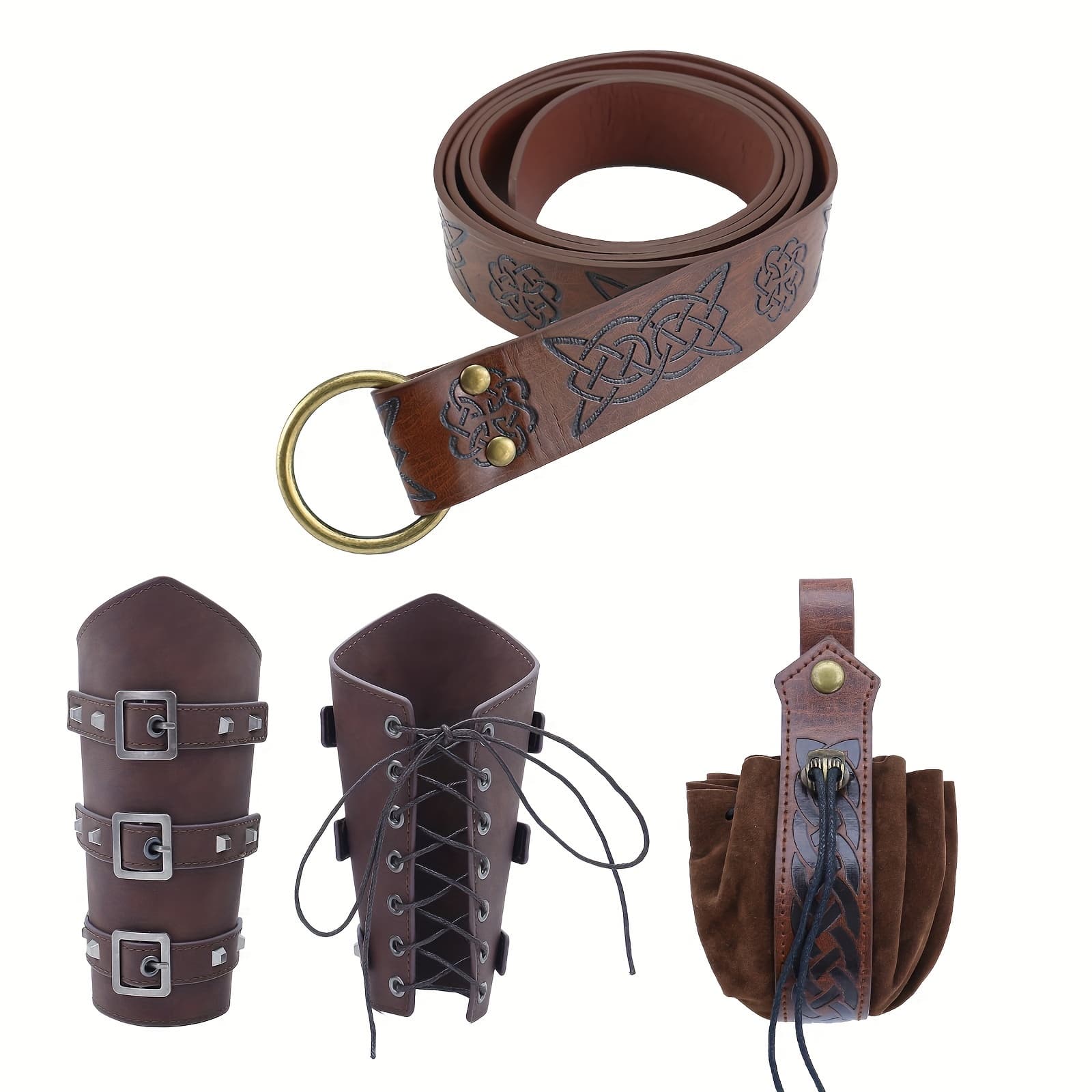TEMU 4pcs Viking Renaissance Costume Set For - Medieval Belt, Pouch, And Faux Leather Bracers