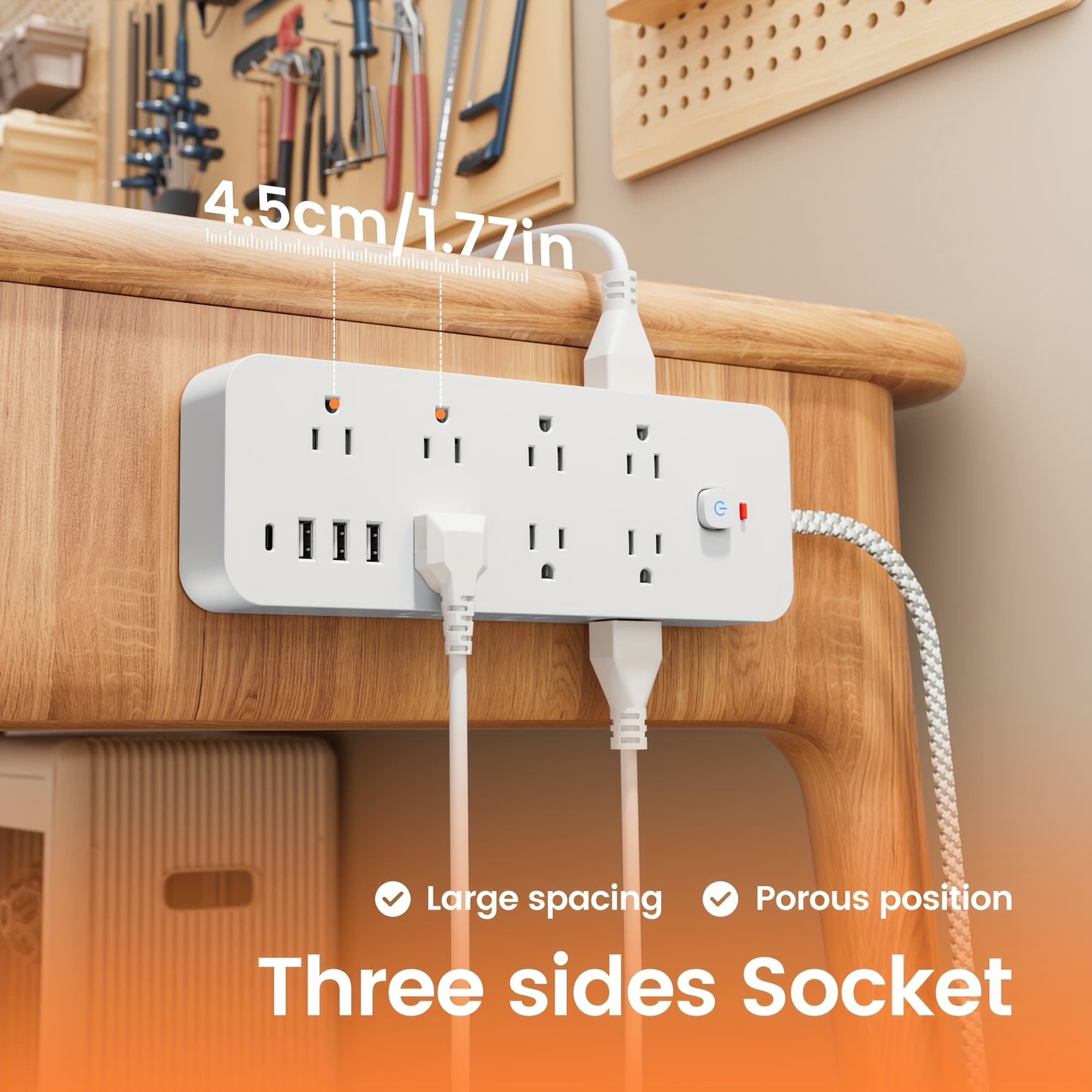 TEMU 1pc Protector Power Strip With 14 Ac Outlets, 3 Usb-a And 1 Usb-c Ports And Switch, Extension Cord, Desktop Charging Station With Protection, For Home, Office, Travel, Computer