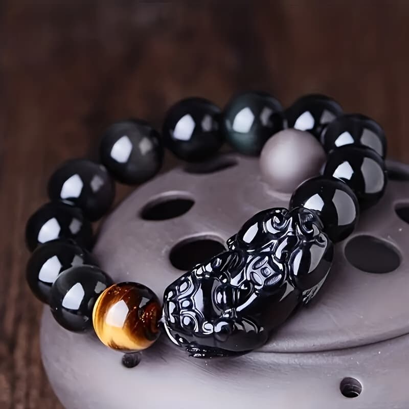 TEMU 1pc 12mm Bracelet Shui Wealth Bracelet For Women Men Stretch Obsidian Bracelet Bangle With Pixiu Tiger Eye Stone Wealth Money And Good Luck