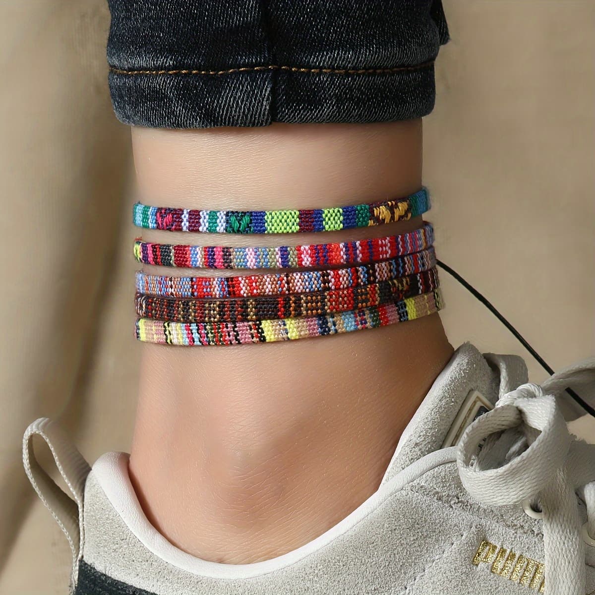 TEMU 5/8pcs Bohemian Style Friendship Anklet- Vibrant Woven Polyester Foot Ropes, Colorful Cloth Art For Everyday & Surfing Wear(5pcs Random Color)