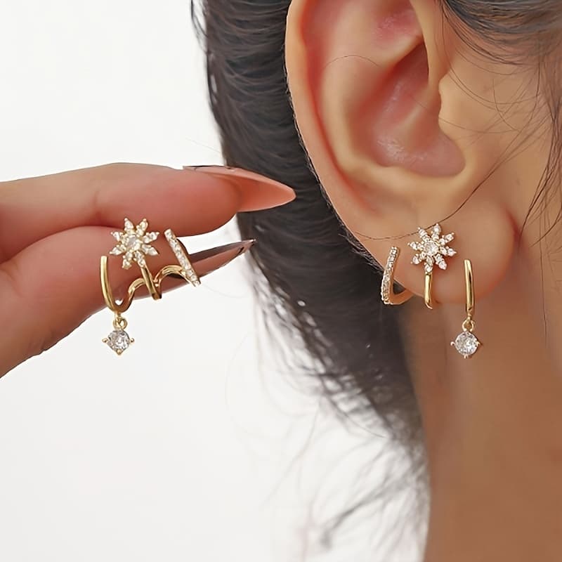 TEMU Nickel-free Golden-tone Dangle Earrings With Hypoallergenic Geometric Cubic Zirconia, Use And Special Occasions