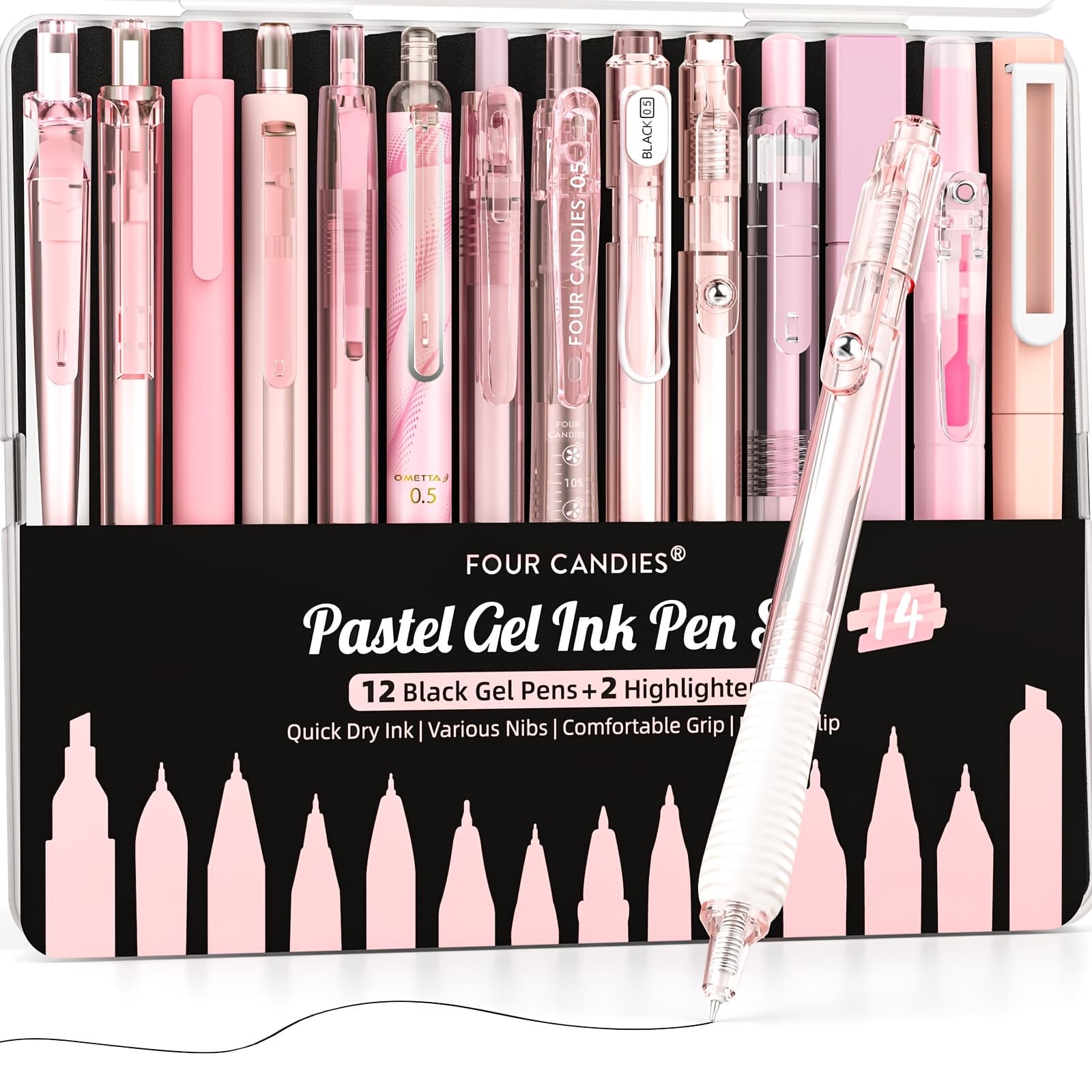 TEMU 14pcs 4 Candies Cute Writing Pens & Highlighters - Retractable 0.5mm Smooth Pens With 2 Highlighter Refills, Color-coded Aesthetic Desk Accessories Suitable For, Office, - Plastic Pen Set