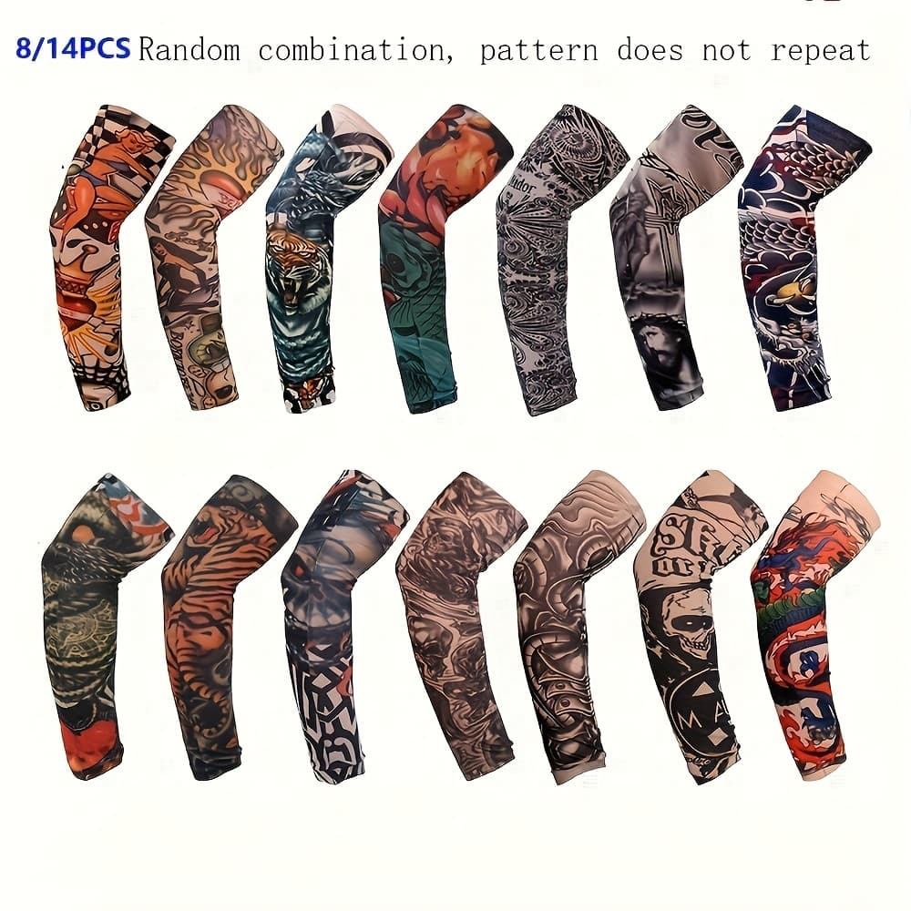 TEMU 8/14pcs Unisex Tattoo-style Ice Sleeves - Cold Relief Arm Sleeves With Random Unique Patterns For Outdoor Riding, Driving, Halloween & Parties, Party Accessories, , , Summer Accessories