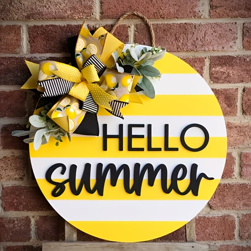 TEMU Retro Lemon "hello Summer" 3d Door Hanger - Summer Wreath With Lemon Decor, Farmhouse Front Door Sign Suitable For Summer & Decorations, Porch Hanging Decorative Accent (no / Hang)