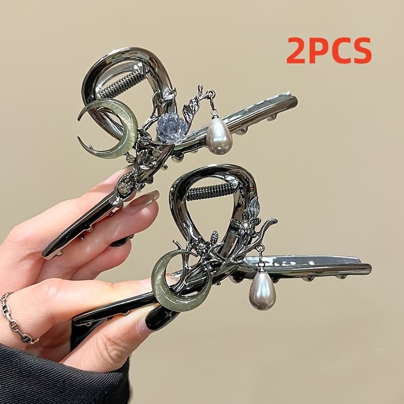 TEMU 2pcs, Gothic Floral Artificial Pearl Pendant Hair Clip, Elegant Dark Alloy Hair Decoration, Suitable For Women Christmas, New Year And Valentine's Day Gift Jewelry - Gift Idea