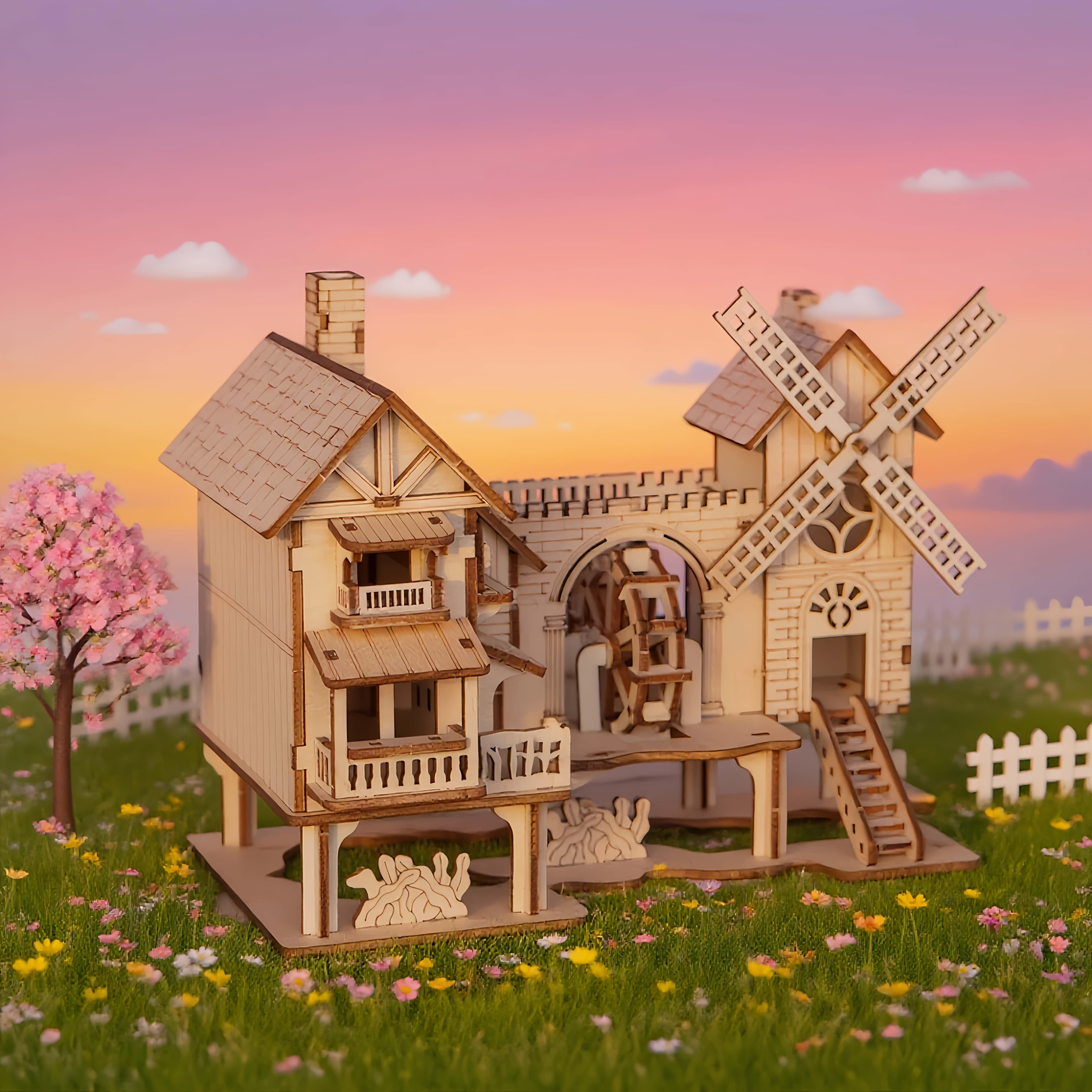 TEMU 3d Wooden Puzzle Windmill House Model Kit - Diy Building With Wind- Rotating Sails, Wood For & S, Birthday/christmas/halloween Gift, Educational Architectural Model & Family Activity Project