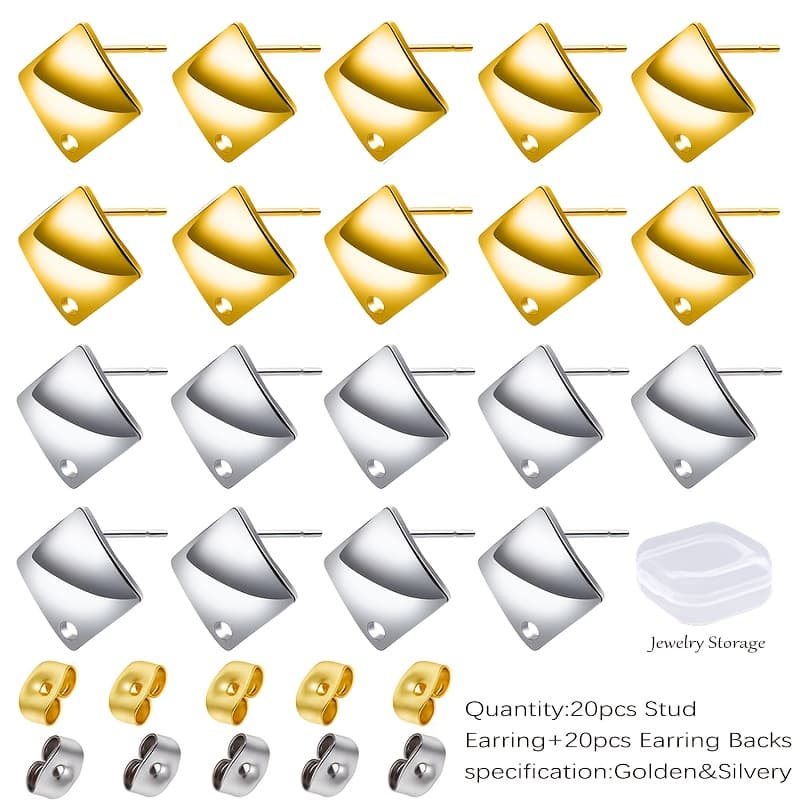 TEMU 40pcs Stainless Steel Geometric Earring Posts, Earring Sheets With Holes, Hypoallergenic Jewelry Additions For Earring Making