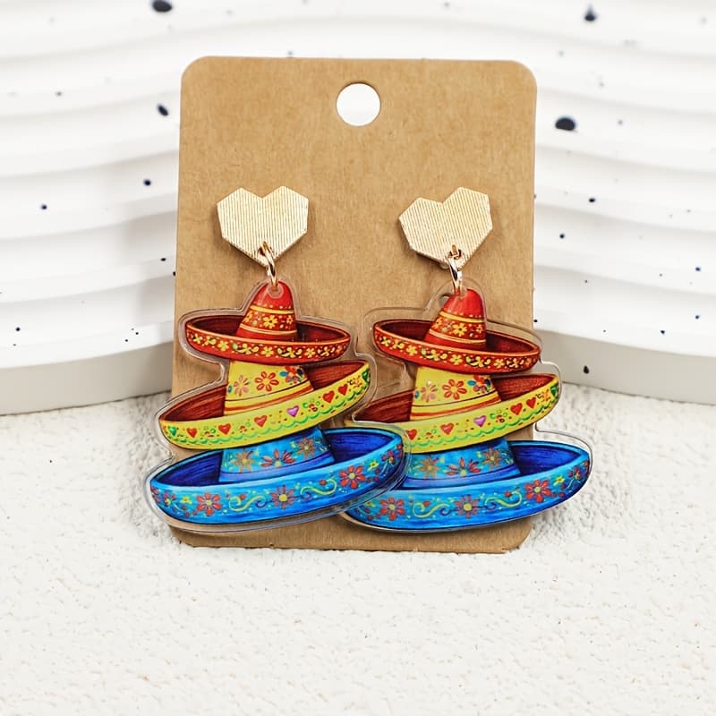 TEMU Mexican De Mayo, Classic Holiday Sombrero, Women's Acrylic Earrings, Temperament Heart Alloy Ear Studs, Suitable For Celebrating Holidays And Gift , Summer Beach Jewelry, Women's Jewelry