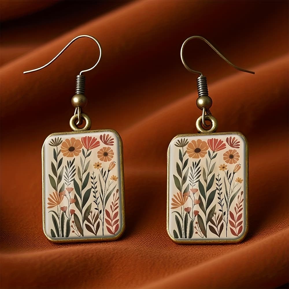 TEMU 1 Pair Handmade Vintage Botanical Square Earrings & Pendant Jewelry - Autumn Flower Plant Design, Material Earrings For, Rustic Wedding, Gift, Casual Attire (no Plating), For Teenager