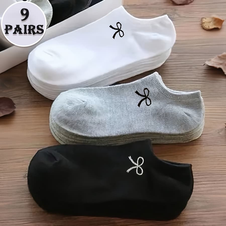 TEMU 9-pair Women's Bow Low-cut Invisible No-show Socks With Bow Accent - Soft Breathable Ankle Boat Socks Suitable For Casual Daily Wear,, Office, Parties - Elegant & Cute Low-cut Socks