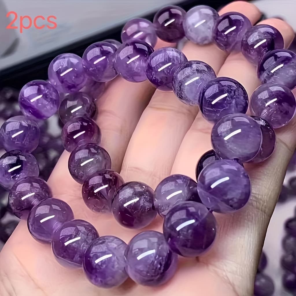 TEMU 2pcs Elegant Lavender Purple 8mm Glass Bead Bracelets, Simple Single , Ideal Birthday Gift