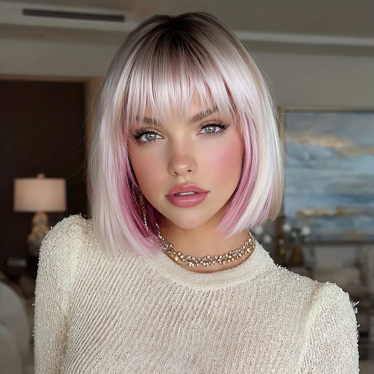 TEMU 12-inch Elegant White Golden Highlights Pink Short Bob Wig With Bangs Synthetic Wig Beginners Friendly And Heat-resistant, Daily Wear, Halloween Female Wig.