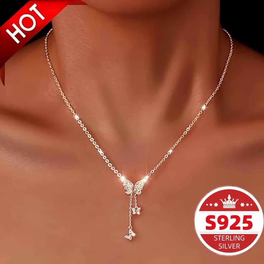 TEMU This Elegant Pendant Necklace Made Of S925 Pure Silvery Features A Luxurious Design With Synthetic Zirconia Inlaid Tassels, Wear And Vacations. It An Ideal Christmas Gift For Women
