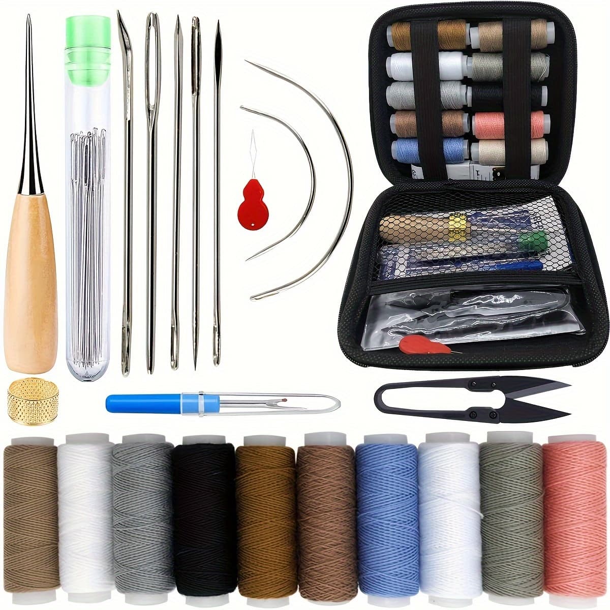 TEMU Upholstery Repair Sewing Kit: 47 Pieces Heavy Duty Sewing Kit With Sewing Awl, Seam Ripper, Leather Hand Sewing Stitching Needles, Sewing Thread For Car, Sofa, Backpack, Shoe