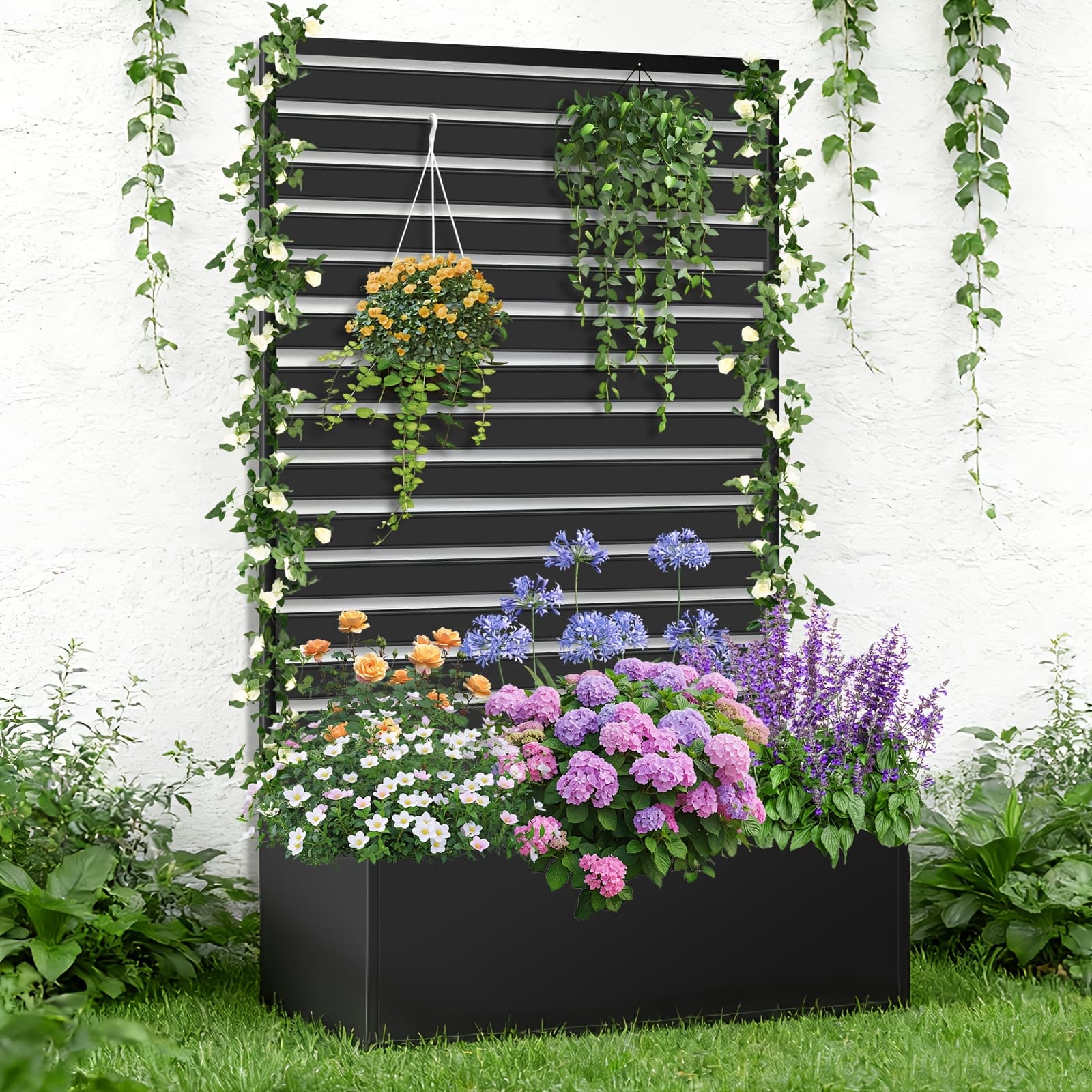 TEMU Metal Raised Garden Bed With Trellis, 2in 1 Trellis With Planter Box & Privacy Screen For Climbing Plants, Vine, Outdoor Standing Flower Beds With Drainage Holes, 35" L X 16" W X 71" H, Black
