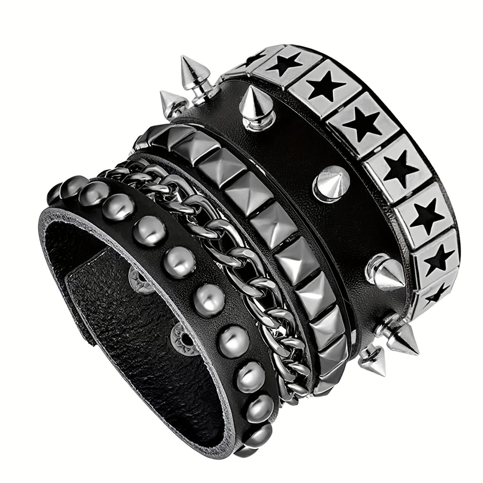 TEMU 3pcs Men's Punk Rock Leather Bracelets - Adjustable Spiked Wrist Cuffs, Retro 80s & 90s Emo Style, Gothic Style