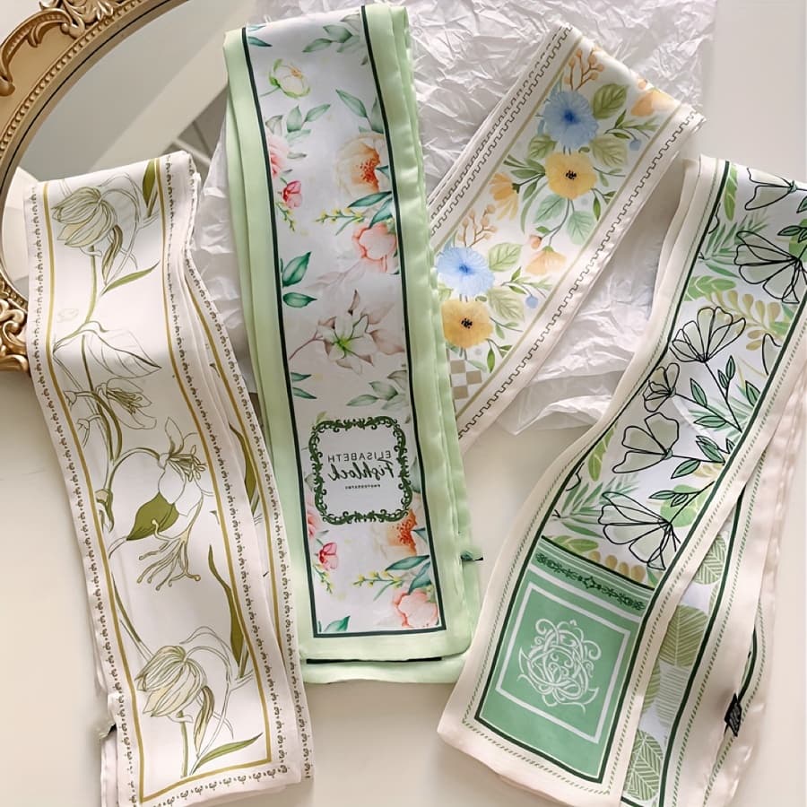 TEMU 4 Green Floral Thin Narrow Long Scarves, Small Scarves For Tying Bags, Tying Hair, Decorative , Multi-functional Ribbons