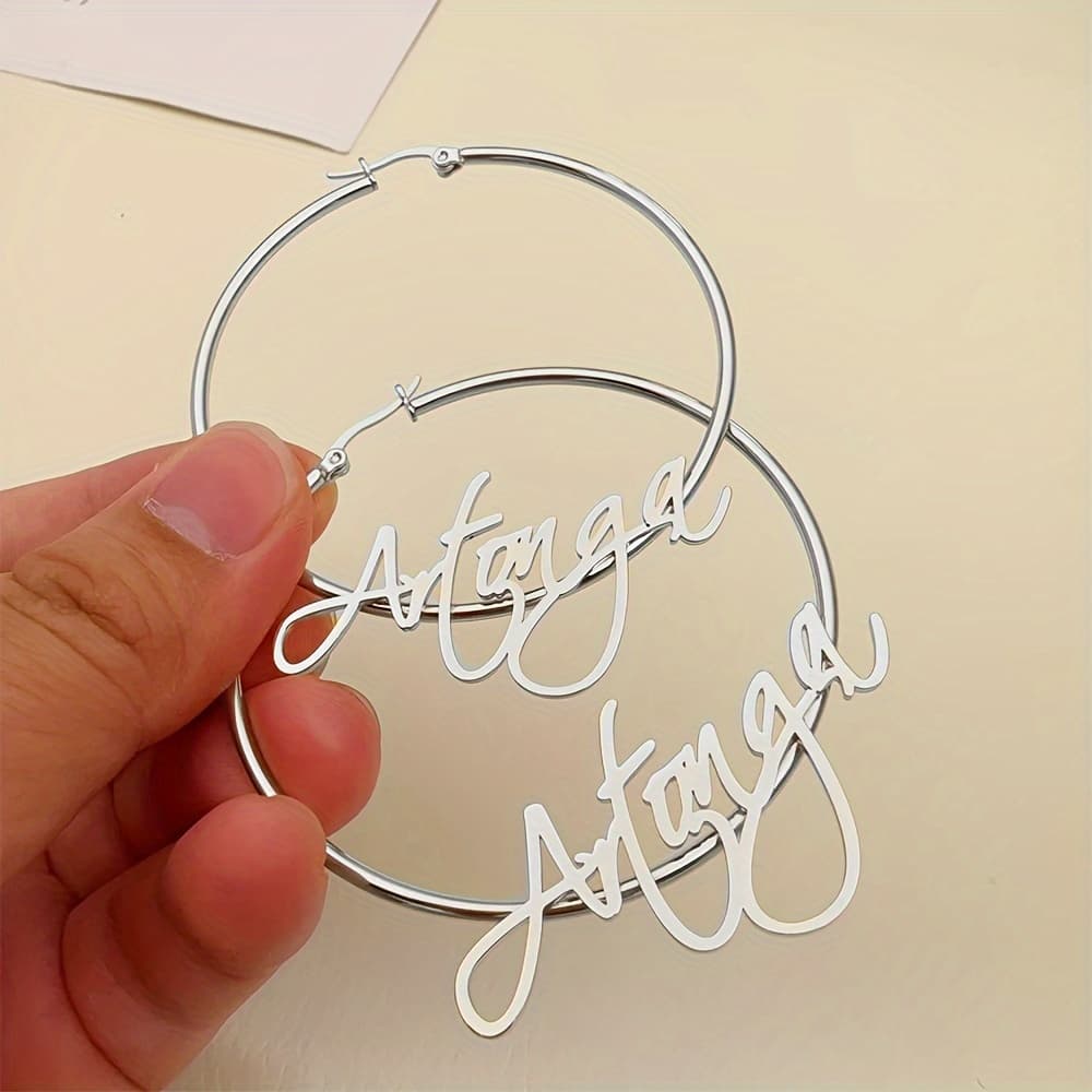 TEMU Name Hoop Earrings, Stainless Steel Handwriting Style Name Hoop Earrings, Women's Fashion Jewelry, Language To English