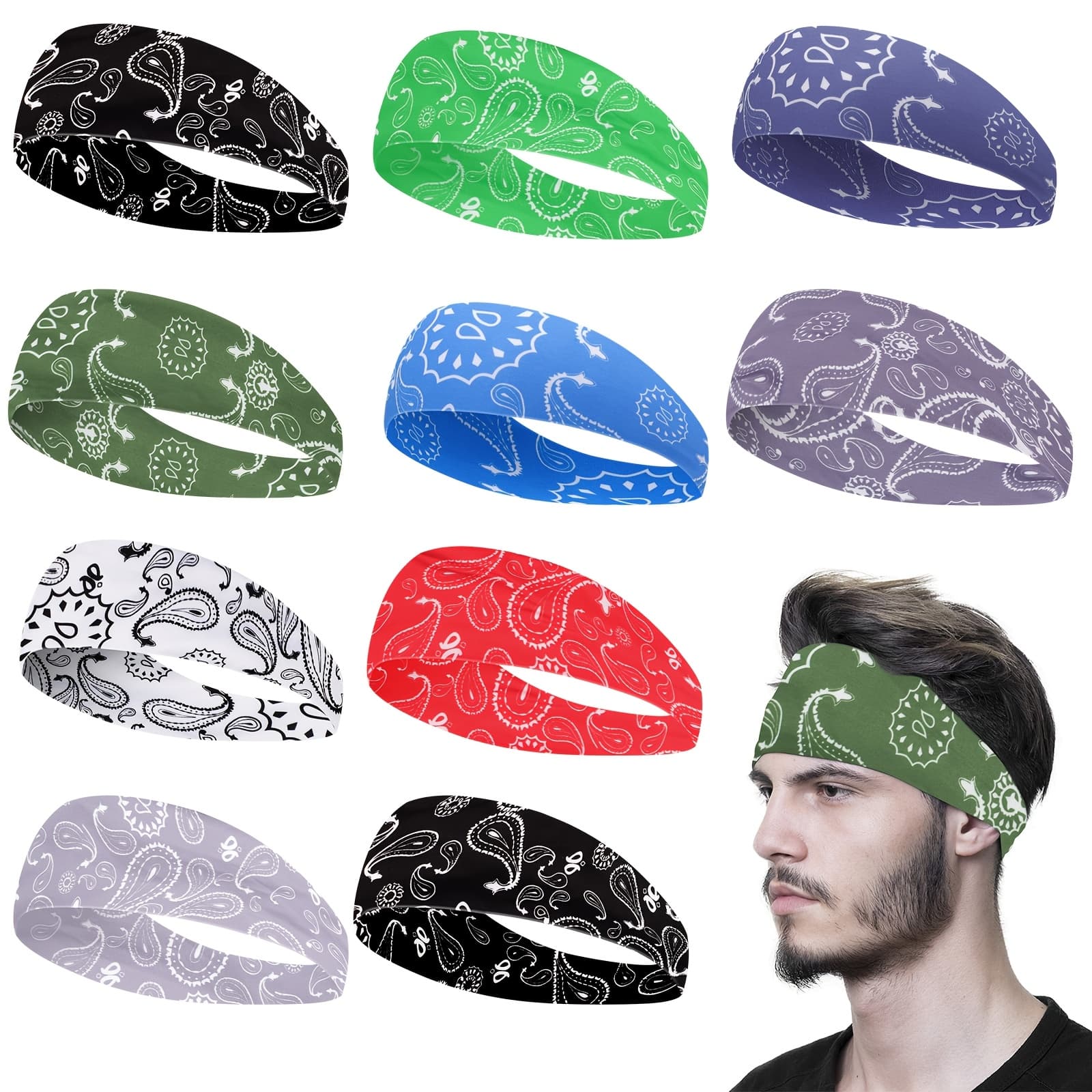 TEMU 10-pack Paisley Pattern Headbands - Polyester Woven, Sweat-wicking, Breathable, Adjustable Elastic Sports Headscarves For Running, Gym, Yoga - Unisex Athletic Headwear