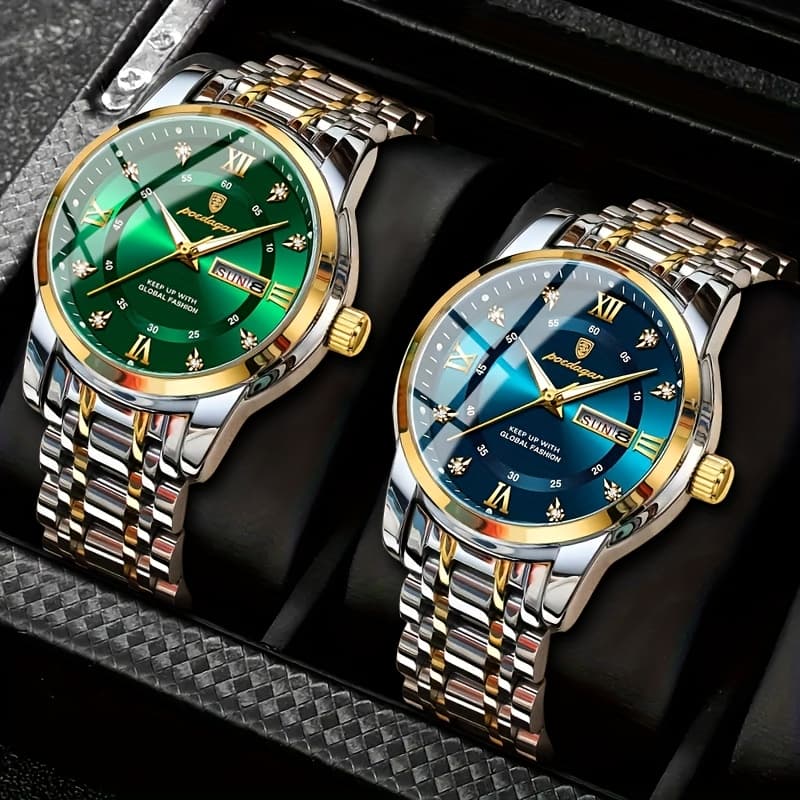 TEMU 2pcs Of Men's Casual Business Watches, Green And Blue Circular , Fashionable Business Watches, Wristwatches, Best Gift