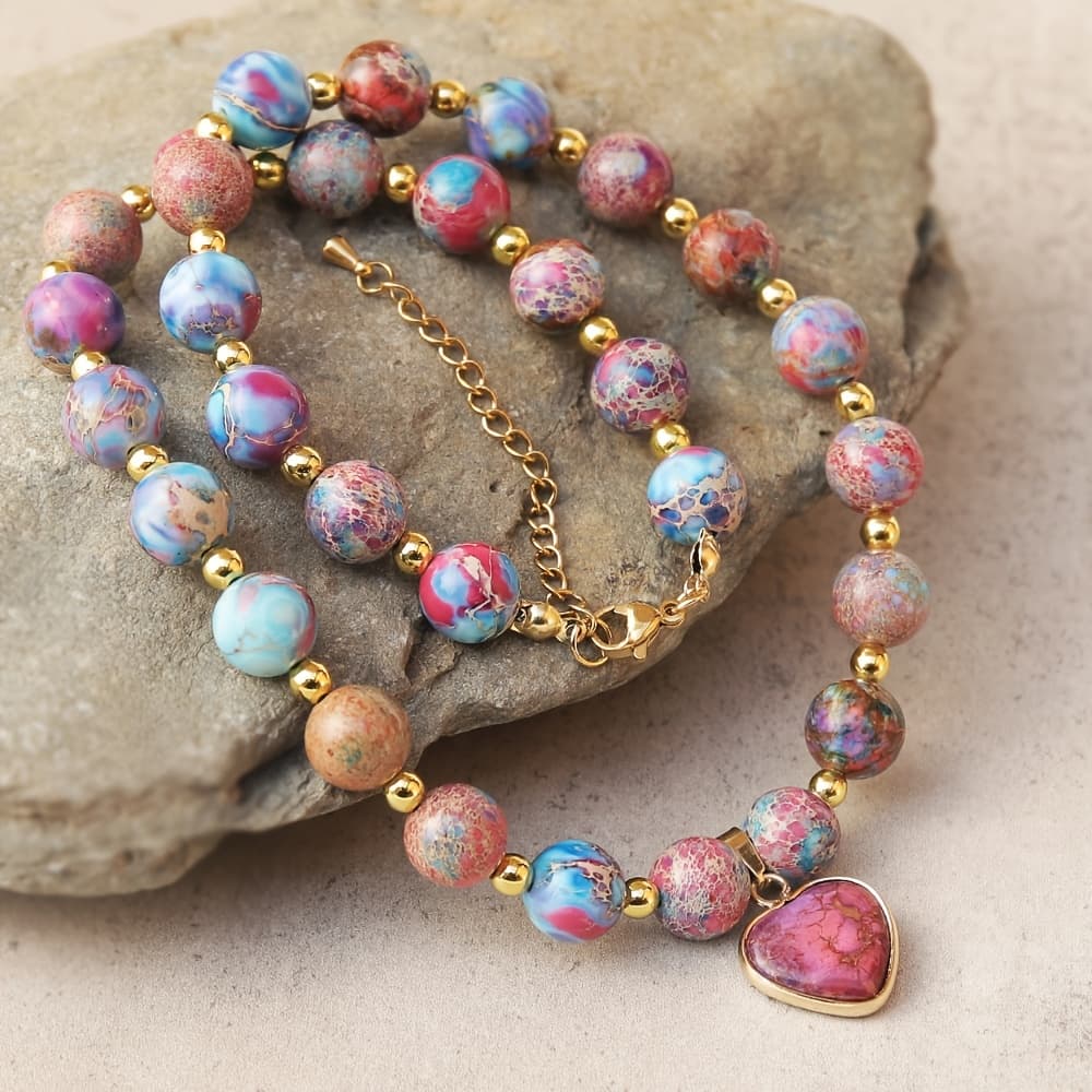 TEMU Bohemian Style Pink And Purple Natural Colourful Stone Heart Pendant Necklace - A Unique Gift For Your