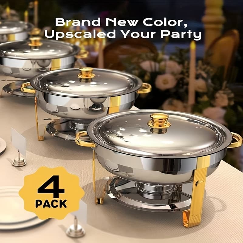 TEMU 9/6 Qt Round Chafing Dishes, 1/2/4 Pack Stainless Steel Chafing Dishes, Chafing Dish Buffet Set Heating And Cooling Chafing Dish For Banquet, Buffet, Wedding, Party, Cooking