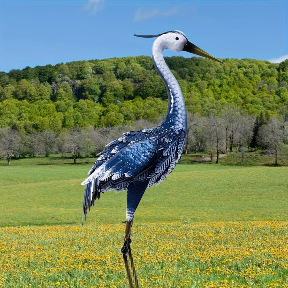 TEMU Cya-decor Blue Metal Crane Sculpture - Elegant Outdoor Garden Decor, Weather-resistant Heron Statue For Patio, Lawn & Backyard, Easy Assembly