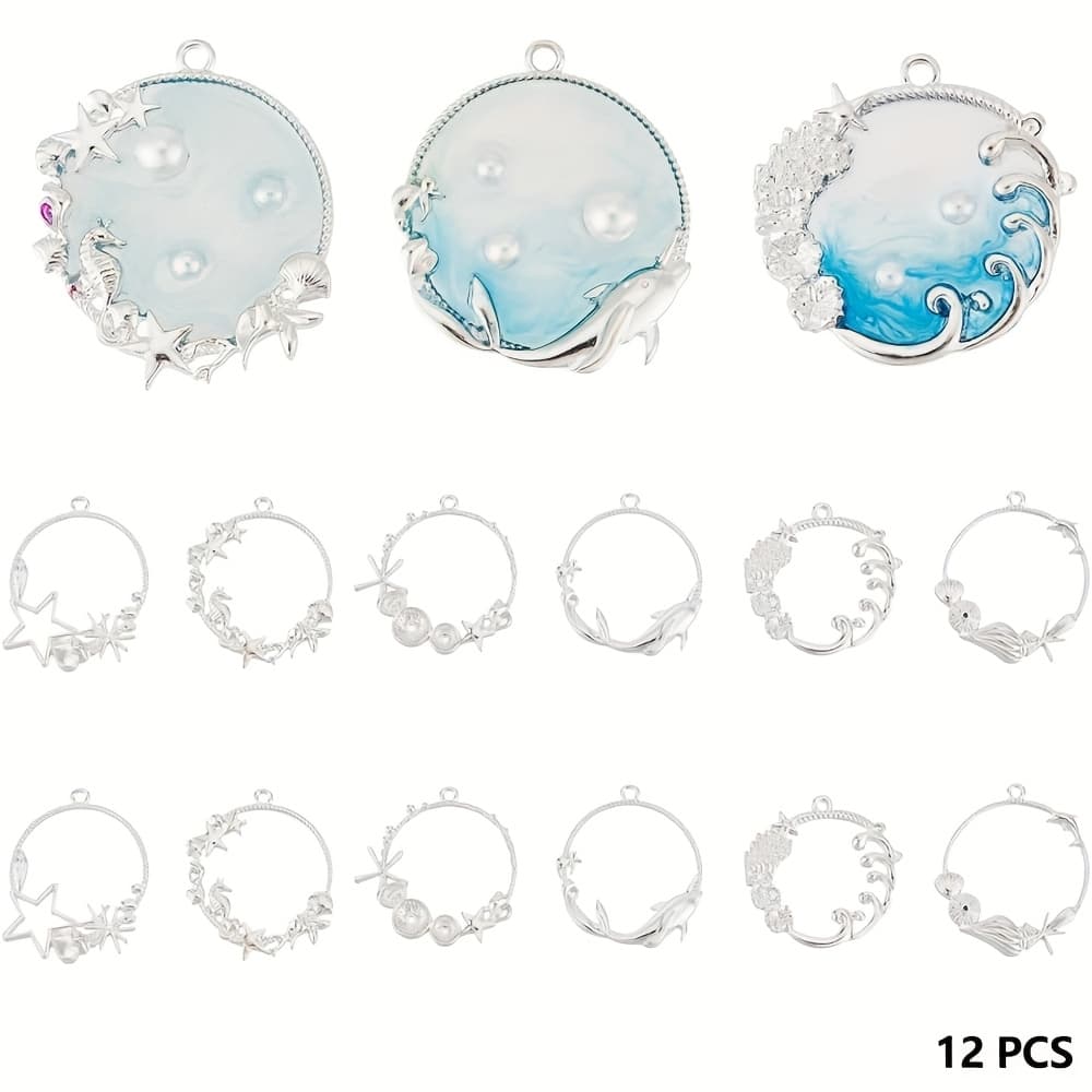 TEMU 12pcs Bezel Charms Ocean Pendant Resin Bezel Charms Alloy Hollow Resin Frames With Loop For Jewelry Making Diy Crafts Summer Decorations - Silvery