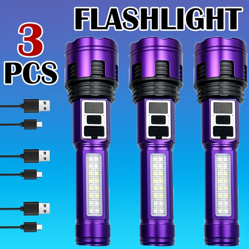 TEMU 3pcs Rechargeable Led Flashlight, 7 , Zoom Flashlight, Usb Cable, , Powerful Handheld Flashlight For Camping And Emergency
