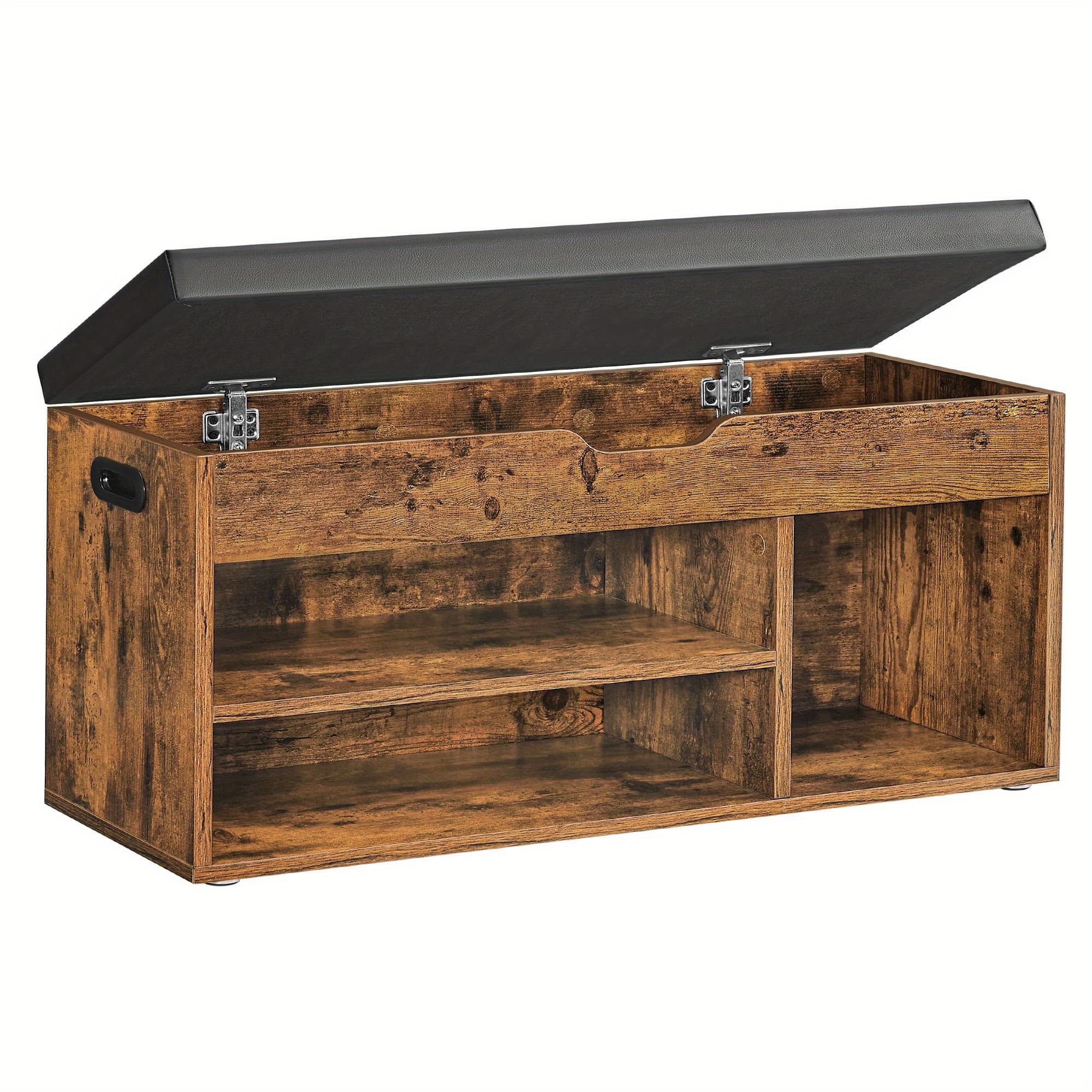 TEMU Storage Bench With Cushioned Seat & Hidden Shoe Organizer - Rustic Brown Entryway Shoe Bench, 300lb Weight Capacity, Space Saving Hallway Storage