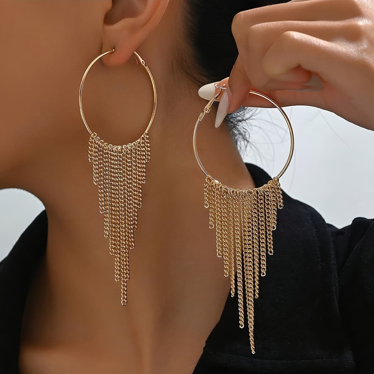 TEMU 1 Pair Fashion Large Circle Geometric Tassel Earrings Women's Easy Trendy Ear Jewelry