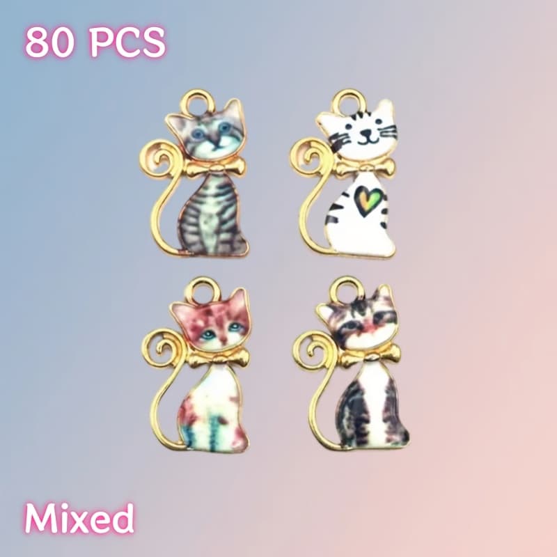 TEMU 80pcs Multicolor Cute Kitten Charms - Alloy Pendants For Making, 6 Adorable Cat Designs With Unique Print Patterns, Lightweight Durable Craft Accessories For Necklaces, Earrings, Keychains