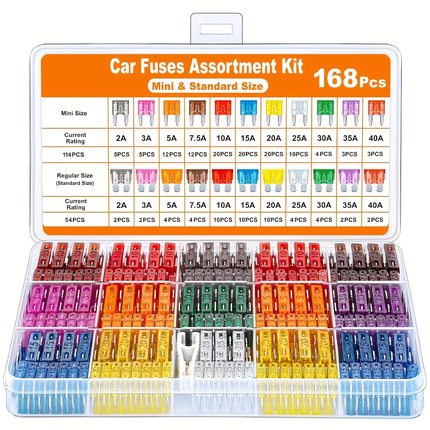 TEMU Car Fuses 168pcs, Assortment Kit, 114 Mini Blade Fuses Automotive, 54 Standard Auto Fuses 1 Fuse Pullers For Car Rv Truck Motorcycle Boat