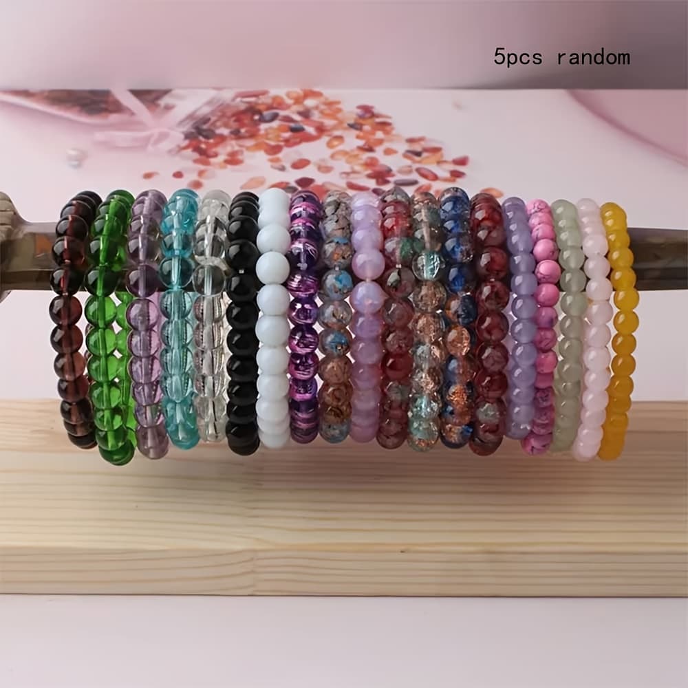 TEMU 5pcs 8mm Bohemian Style Bead Glass Bracelets, And Occasion Suitable, Perfect Birthday Gift, Random Color Matching