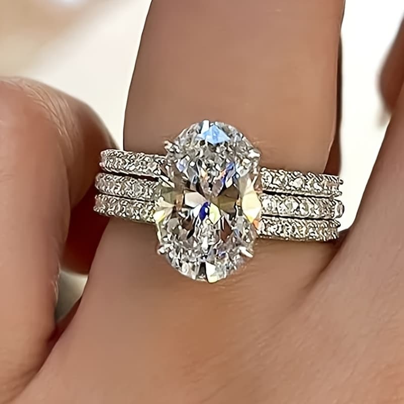 TEMU 3pcs Set Women's Ring Set, Luxurious Sparkling Four-prong Oval Synthetic Synthetic Zirconia Bridal Wedding Banquet , Valentine's Day Jewelry Gift